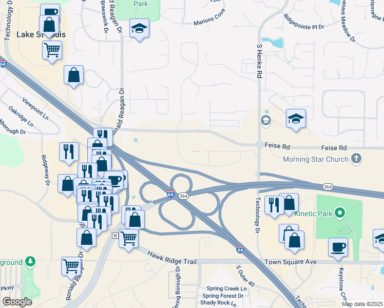 map of restaurants, bars, coffee shops, grocery stores, and more near 2900 Technology Drive in Lake Saint Louis