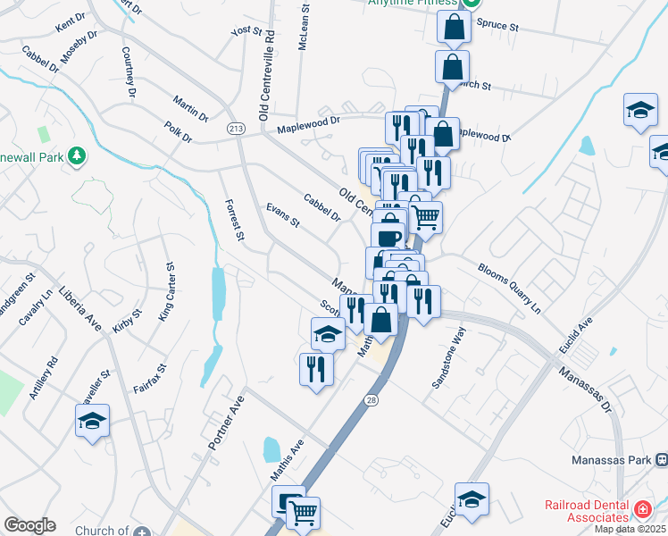 map of restaurants, bars, coffee shops, grocery stores, and more near 103 Evans Street in Manassas Park
