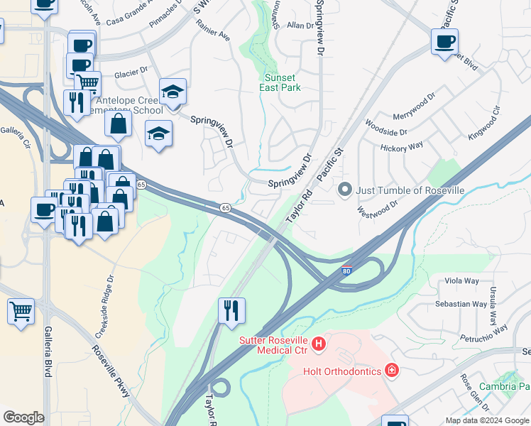 map of restaurants, bars, coffee shops, grocery stores, and more near 6571 Hearthstone Circle in Rocklin