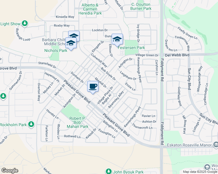 map of restaurants, bars, coffee shops, grocery stores, and more near Pine Log Place in Roseville