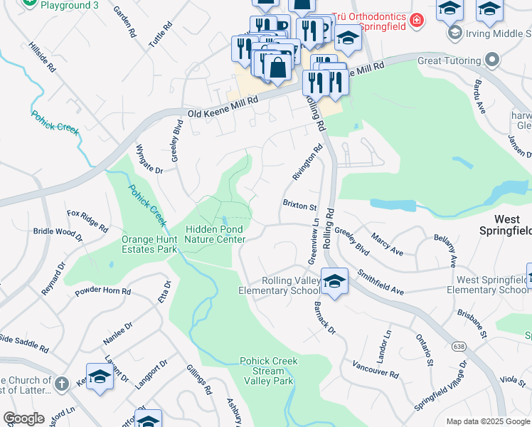 map of restaurants, bars, coffee shops, grocery stores, and more near 6520 Rivington Road in West Springfield
