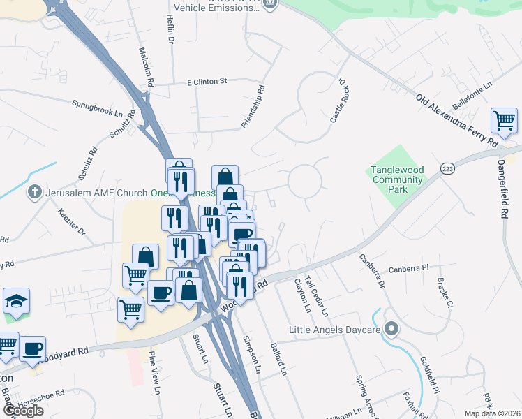 map of restaurants, bars, coffee shops, grocery stores, and more near 7219 Branchwood Place in Clinton
