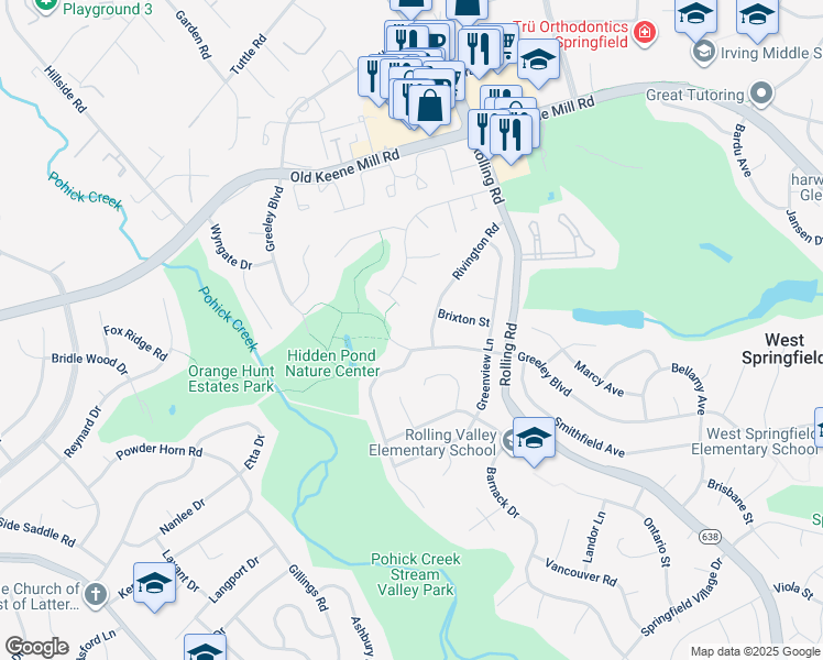 map of restaurants, bars, coffee shops, grocery stores, and more near 6520 Rivington Road in West Springfield