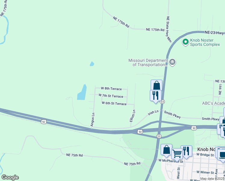 map of restaurants, bars, coffee shops, grocery stores, and more near 1605 West 8th Terrace in Knob Noster
