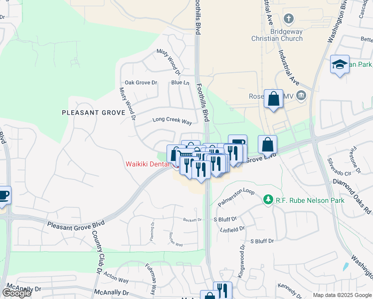 map of restaurants, bars, coffee shops, grocery stores, and more near 1381 Ironside Place in Roseville