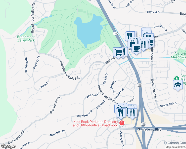 map of restaurants, bars, coffee shops, grocery stores, and more near 4070 Autumn Heights Drive in Colorado Springs