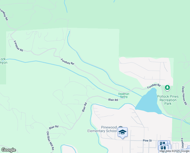 map of restaurants, bars, coffee shops, grocery stores, and more near 2343 Forebay Road in Pollock Pines