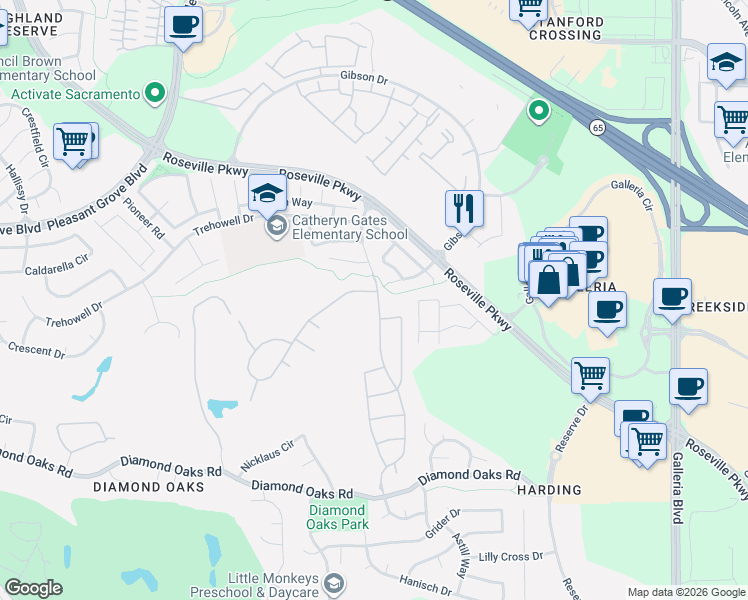 map of restaurants, bars, coffee shops, grocery stores, and more near 29 Castaic Court in Roseville