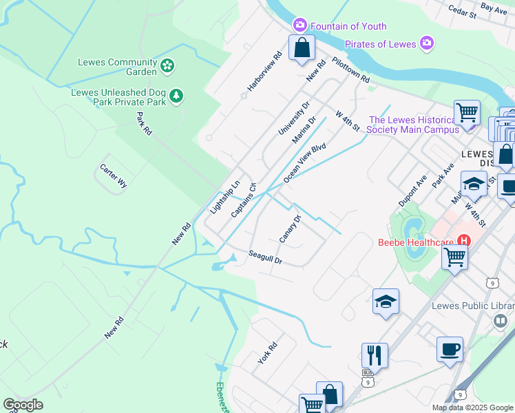 map of restaurants, bars, coffee shops, grocery stores, and more near 310 Ocean View Boulevard in Lewes