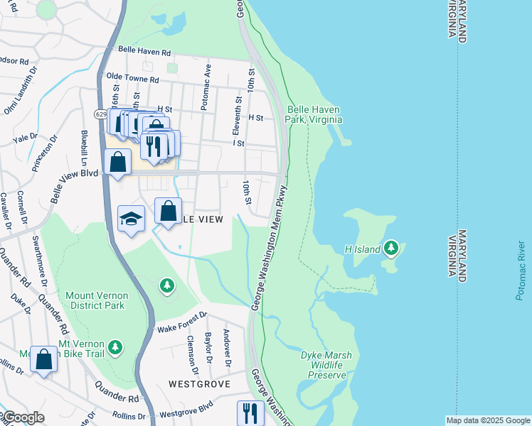 map of restaurants, bars, coffee shops, grocery stores, and more near 6625 10th Street in Alexandria