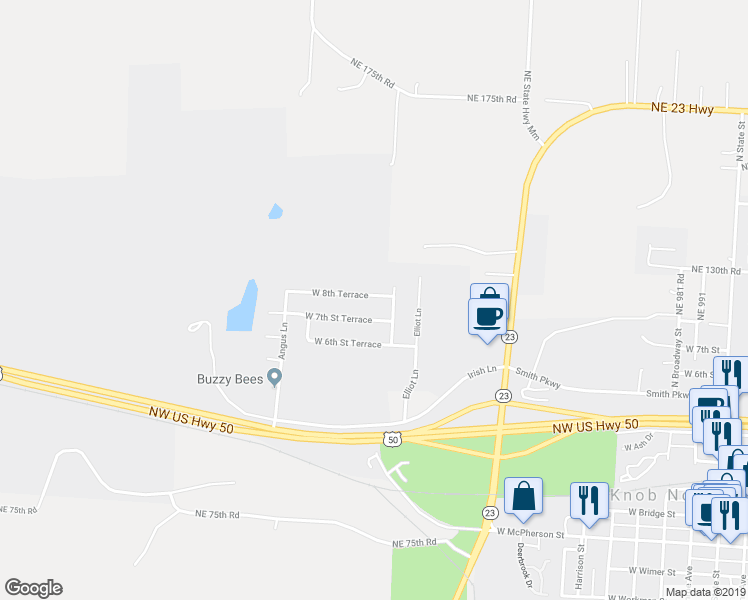 map of restaurants, bars, coffee shops, grocery stores, and more near 1504 West 8th Terrace in Knob Noster