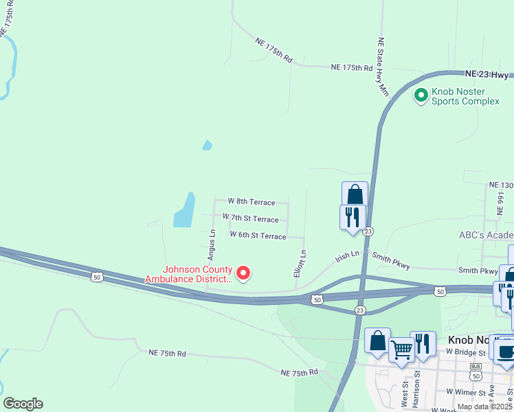 map of restaurants, bars, coffee shops, grocery stores, and more near 1605 West 8th Terrace in Knob Noster