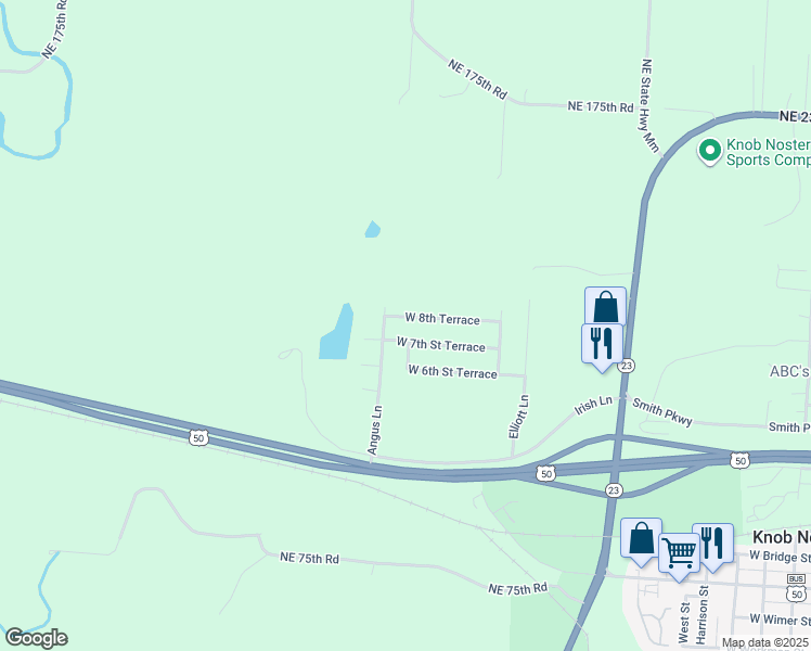 map of restaurants, bars, coffee shops, grocery stores, and more near 1706 West 8th Street Terrace in Knob Noster