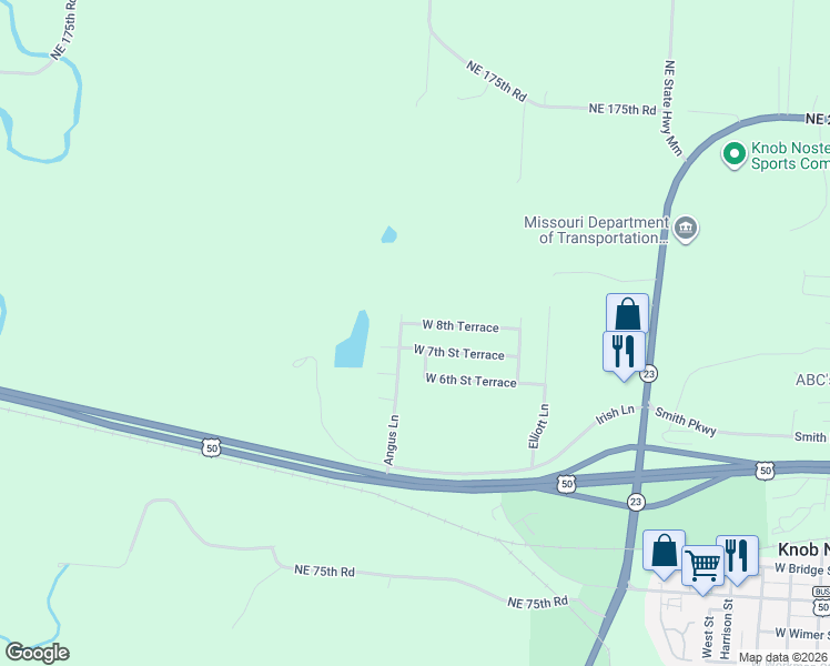map of restaurants, bars, coffee shops, grocery stores, and more near 1706 West 8th Street Terrace in Knob Noster