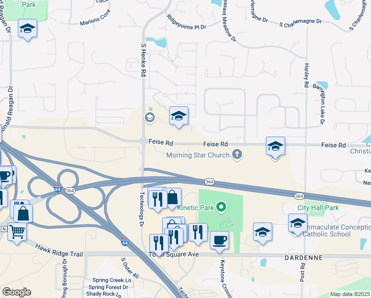 map of restaurants, bars, coffee shops, grocery stores, and more near 307 Stonewall Creek Drive in O'Fallon