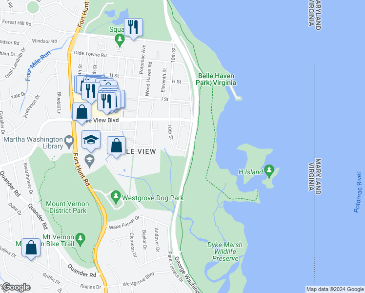 map of restaurants, bars, coffee shops, grocery stores, and more near 6625 10th Street in Alexandria