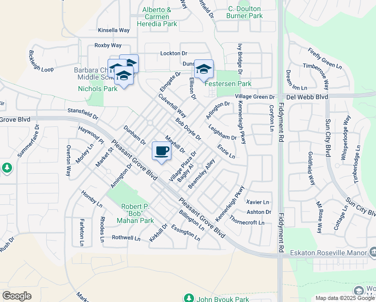 map of restaurants, bars, coffee shops, grocery stores, and more near 1009 Pine Log Place in Roseville
