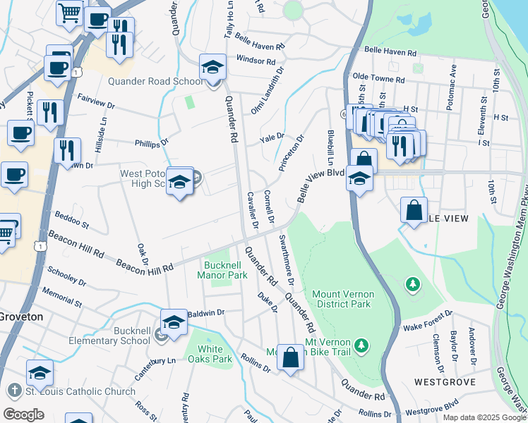 map of restaurants, bars, coffee shops, grocery stores, and more near 6626 Cornell Drive in Alexandria