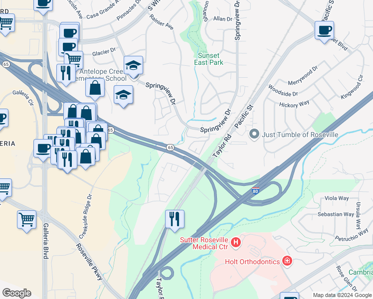 map of restaurants, bars, coffee shops, grocery stores, and more near 6540 Hearthstone Circle in Rocklin