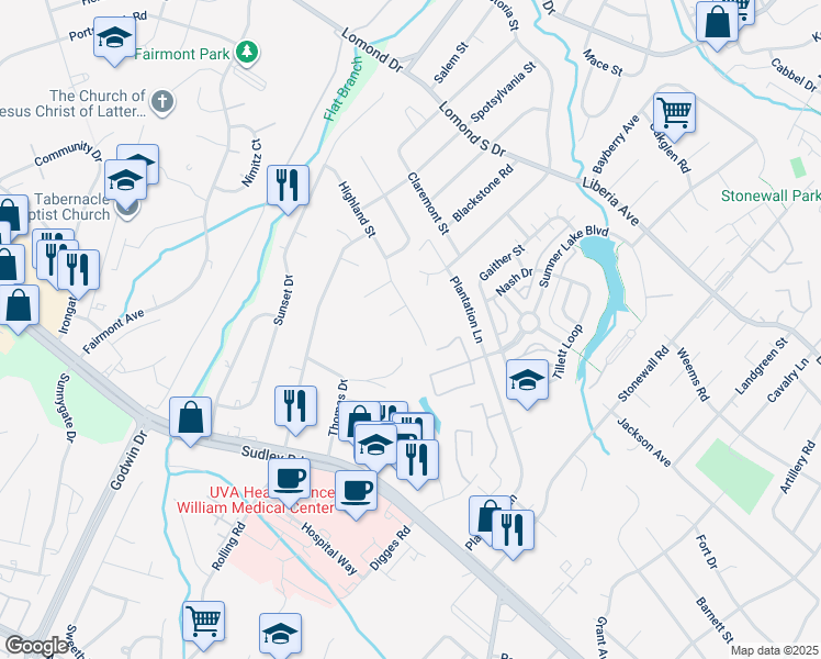 map of restaurants, bars, coffee shops, grocery stores, and more near 8320 Highland Street in Manassas