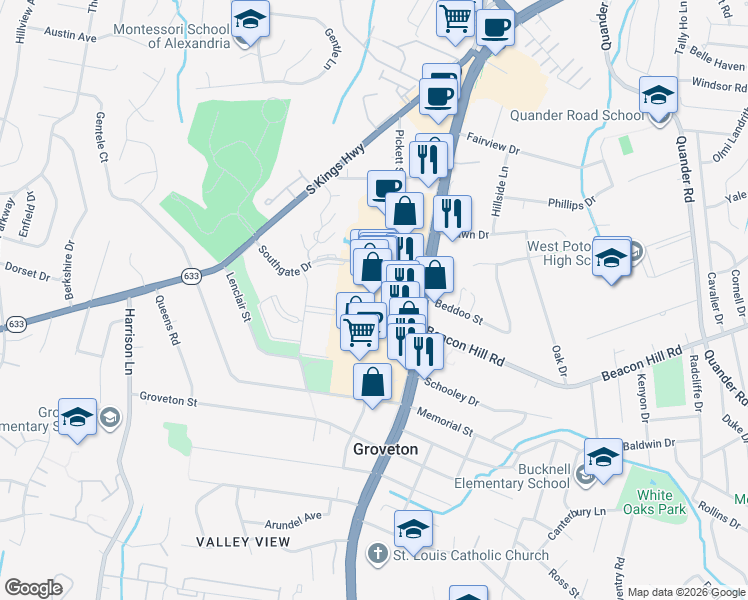 map of restaurants, bars, coffee shops, grocery stores, and more near 6700 Richmond Highway in Alexandria