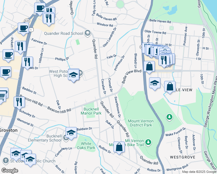 map of restaurants, bars, coffee shops, grocery stores, and more near 6626 Cornell Drive in Alexandria