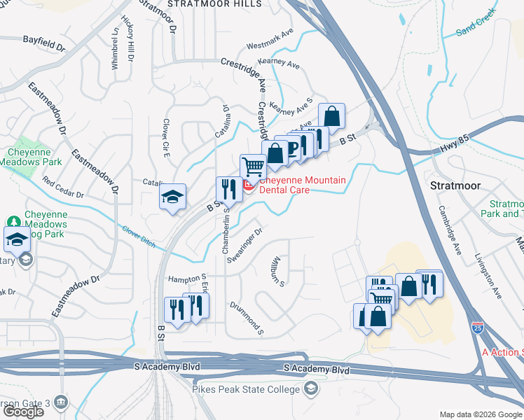 map of restaurants, bars, coffee shops, grocery stores, and more near 1980 Tanager Way in Colorado Springs