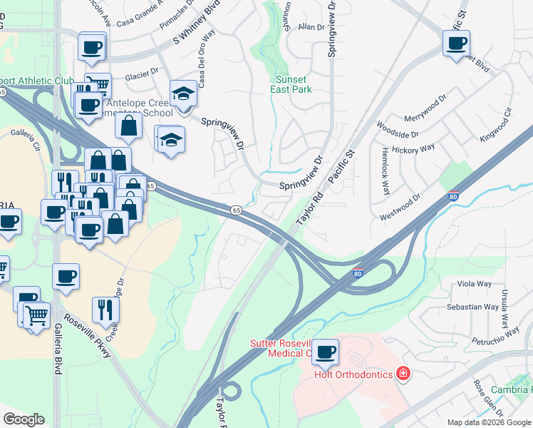 map of restaurants, bars, coffee shops, grocery stores, and more near 6551 Hearthstone Circle in Rocklin