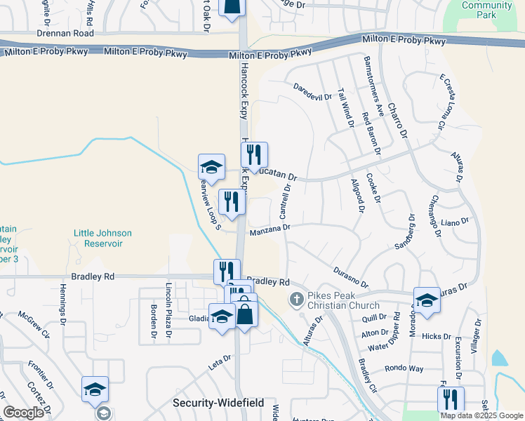 map of restaurants, bars, coffee shops, grocery stores, and more near 4840 Manzana Drive in Colorado Springs
