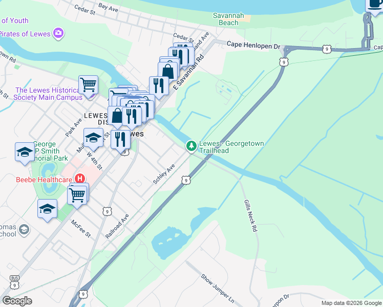 map of restaurants, bars, coffee shops, grocery stores, and more near 173189 Gills Neck Road in Lewes