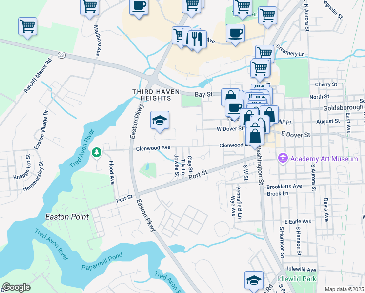 map of restaurants, bars, coffee shops, grocery stores, and more near 307 Glenwood Avenue in Easton