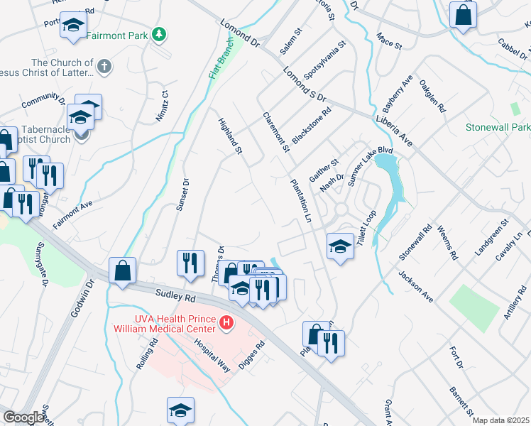 map of restaurants, bars, coffee shops, grocery stores, and more near 8320 Highland Street in Manassas