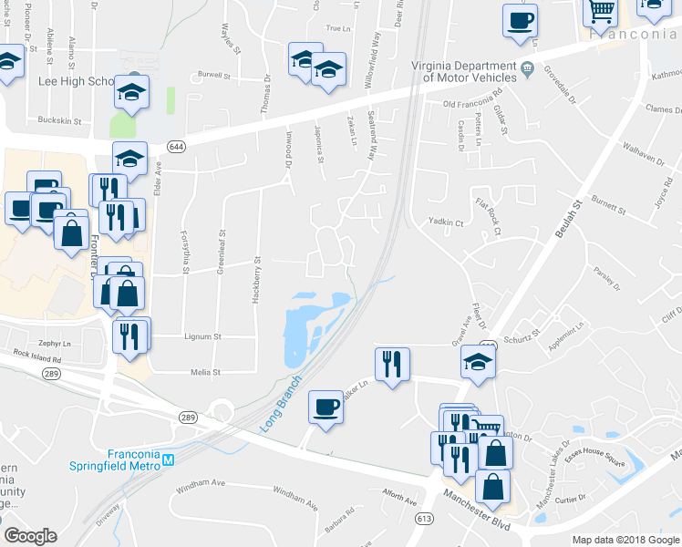 map of restaurants, bars, coffee shops, grocery stores, and more near 6696 Debra Lu Way in Springfield