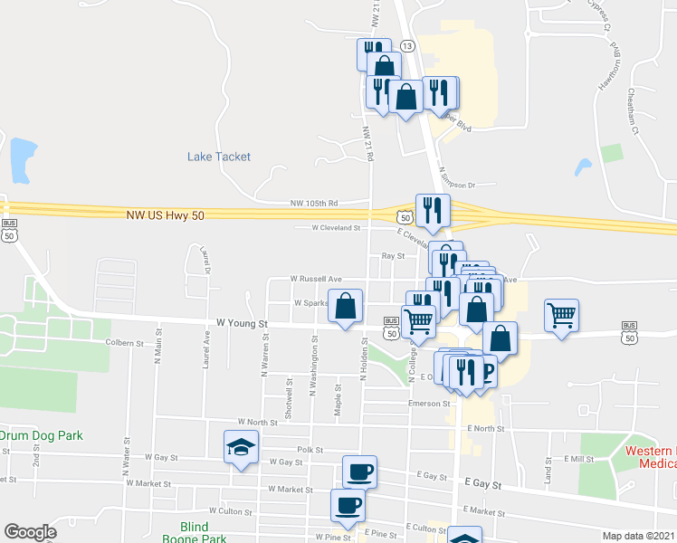map of restaurants, bars, coffee shops, grocery stores, and more near 113 W Russell Ave in Warrensburg