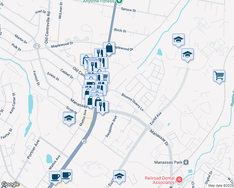 map of restaurants, bars, coffee shops, grocery stores, and more near 8518 White Pine Drive in Manassas Park