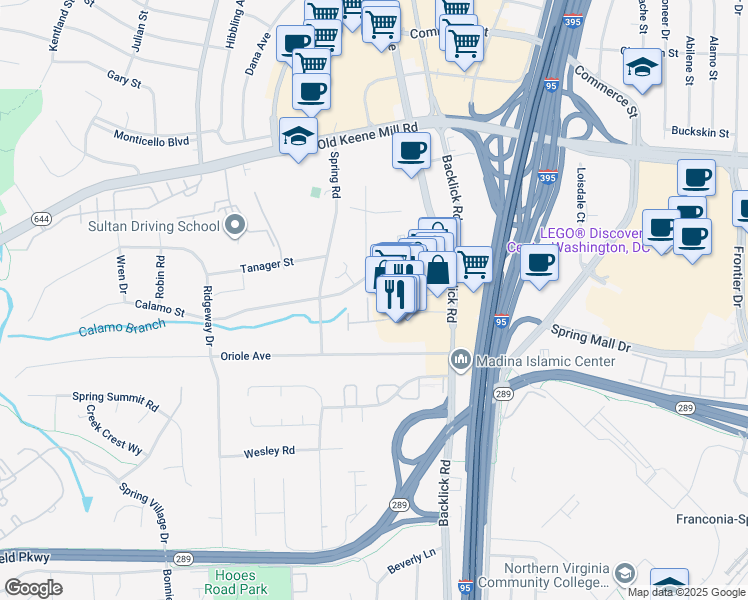 map of restaurants, bars, coffee shops, grocery stores, and more near 7091 Spring Garden Drive in Springfield
