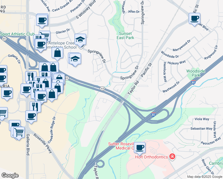 map of restaurants, bars, coffee shops, grocery stores, and more near 6540 Hearthstone Circle in Rocklin
