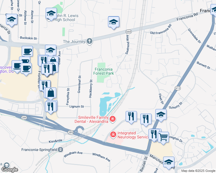 map of restaurants, bars, coffee shops, grocery stores, and more near 6255 Levi Court in Springfield