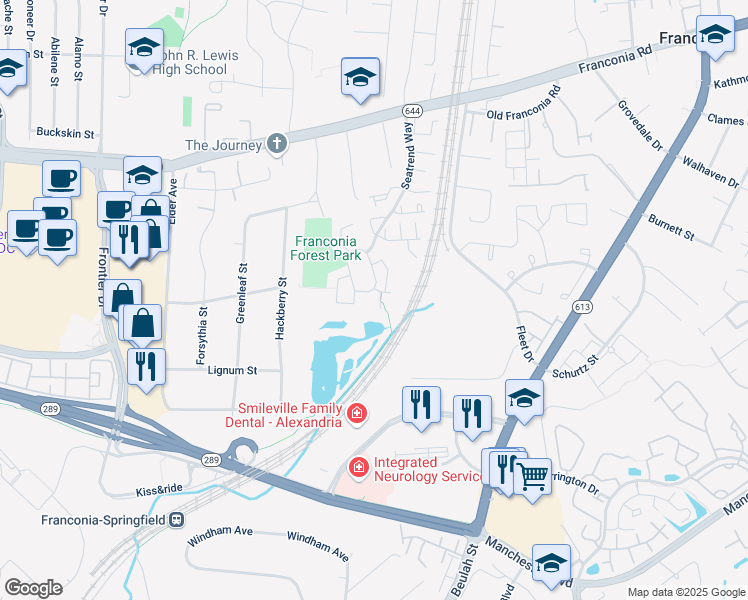 map of restaurants, bars, coffee shops, grocery stores, and more near 6696 Debra Lu Way in Springfield