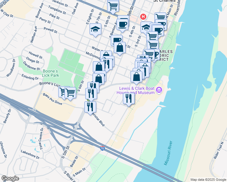 map of restaurants, bars, coffee shops, grocery stores, and more near 1115 Hall Street in Saint Charles