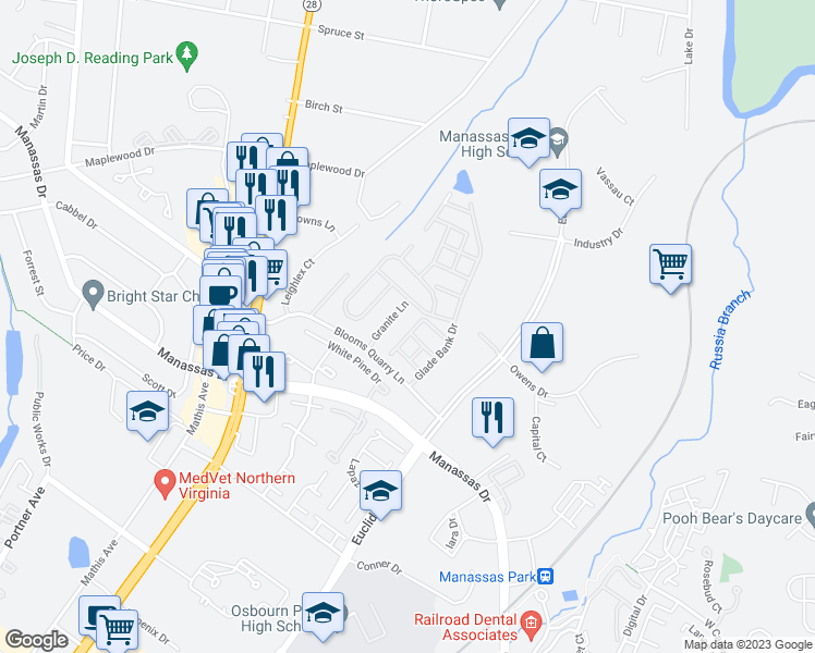 map of restaurants, bars, coffee shops, grocery stores, and more near 8138 Rainwater Circle in Manassas
