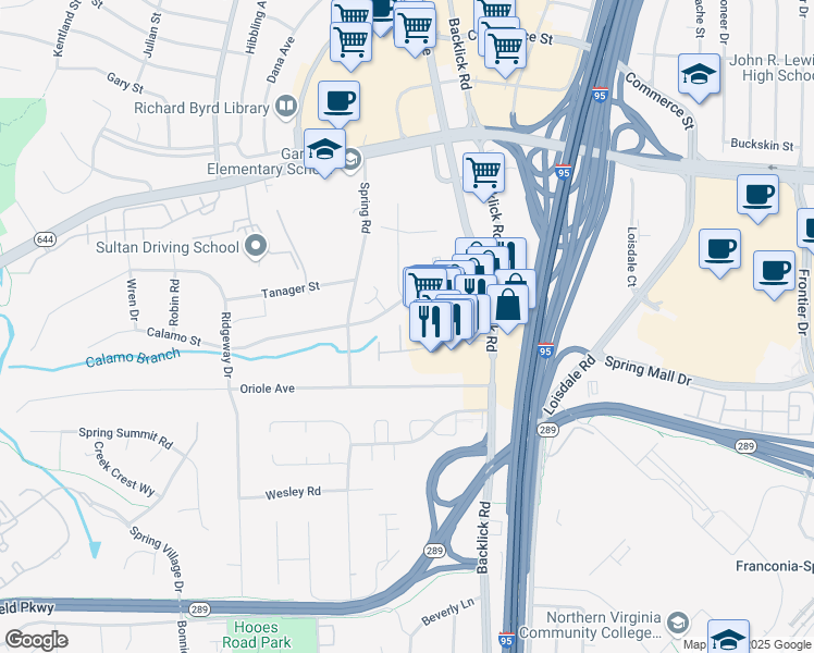 map of restaurants, bars, coffee shops, grocery stores, and more near 7091 Spring Garden Drive in Springfield