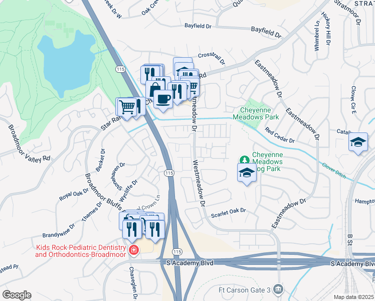 map of restaurants, bars, coffee shops, grocery stores, and more near 4065 Westmeadow Drive in Colorado Springs