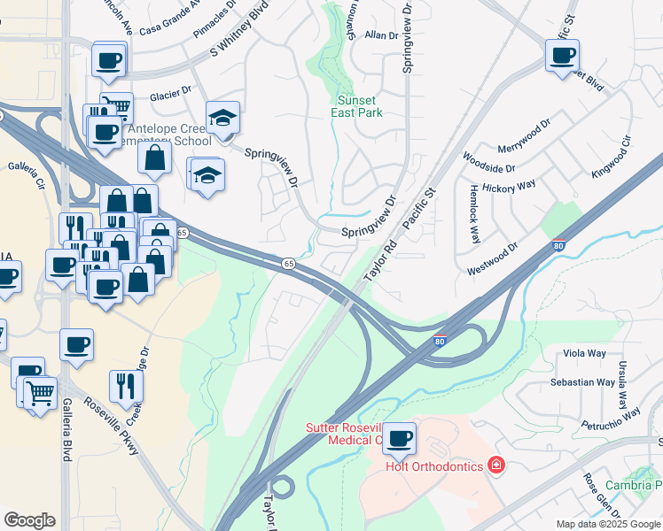 map of restaurants, bars, coffee shops, grocery stores, and more near 6511 Hearthstone Circle in Rocklin