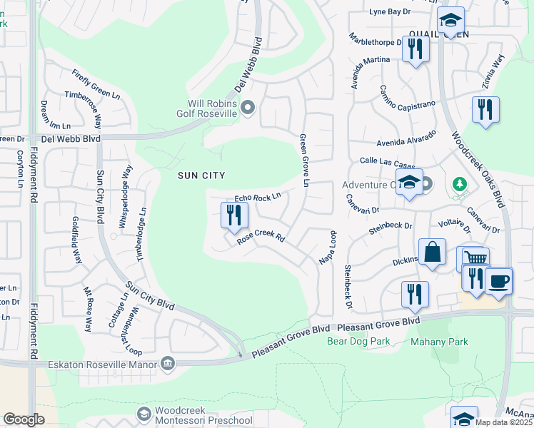 map of restaurants, bars, coffee shops, grocery stores, and more near 516 Pinecreek Court in Roseville