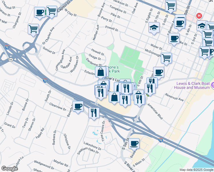 map of restaurants, bars, coffee shops, grocery stores, and more near 1443 Bass Pro Drive in Saint Charles