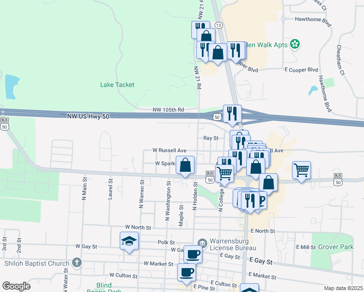 map of restaurants, bars, coffee shops, grocery stores, and more near 113 West Russell Avenue in Warrensburg