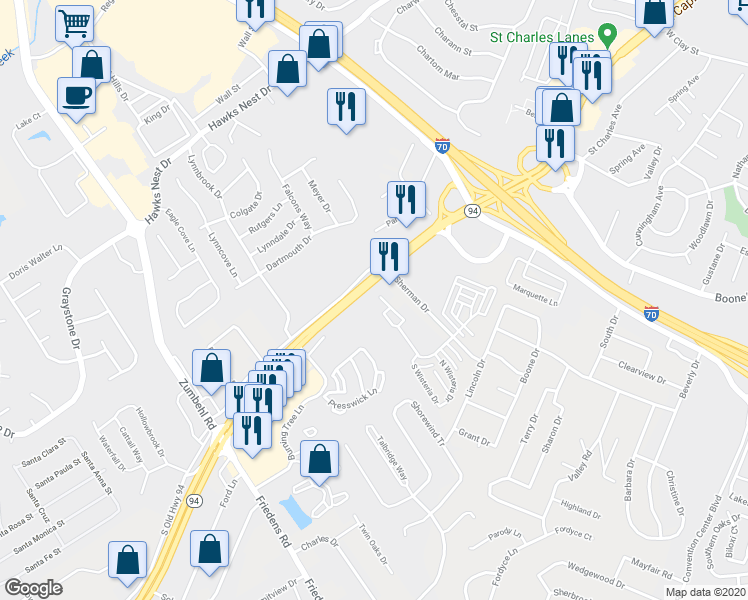 map of restaurants, bars, coffee shops, grocery stores, and more near 2313 Sherman Square Drive in Saint Charles