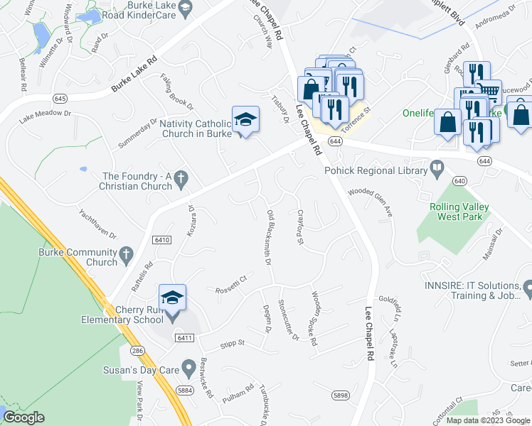 map of restaurants, bars, coffee shops, grocery stores, and more near 6656 Old Blacksmith Drive in Burke