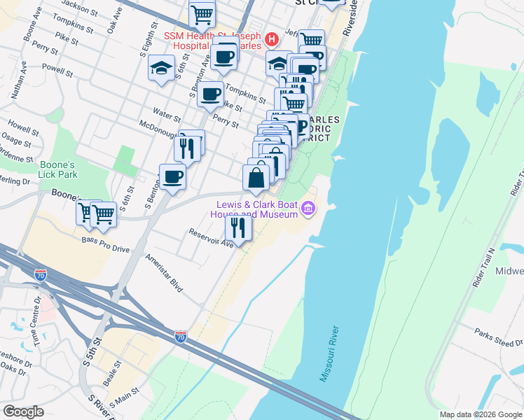 map of restaurants, bars, coffee shops, grocery stores, and more near 1022 South Main Street in Saint Charles
